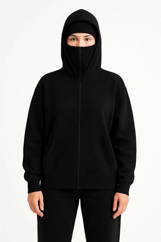 Kadın Samuray Ninja Çift Kapüşonlu Maske Detaylı Fermuarlı Kanguru Cepli Hoodie - Siyah