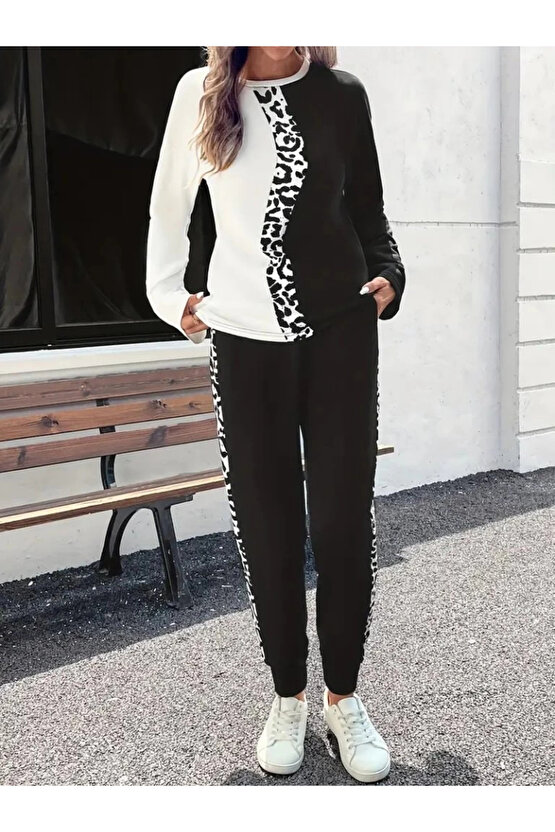 Kadın Uzun Kollu Bisiklet Yaka çift Renkli Viskon Iki Iplik Bluz Ve Pantolon Ikili Takım
