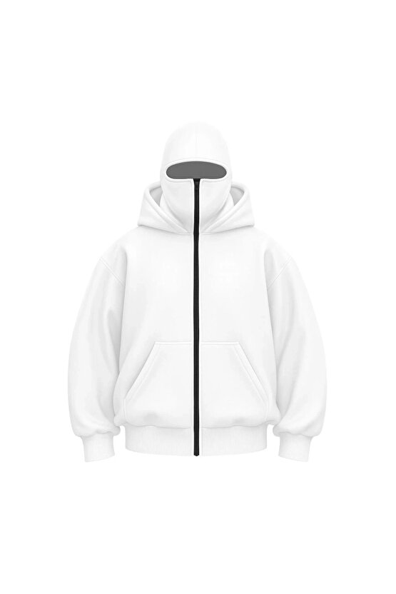 Samuray Ninja Çift Kapşonlu ZIP Fermuarlı Kanguru Çepli Hoodie Maske Detaylı Swetshirt - Beyaz