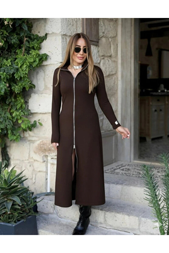 Kadın Uzun Kollu önden Fermuarlı Maxi Viskon Iki Iplik Elbise