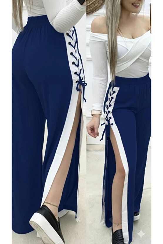 Kadın Yüksek Bel Yandan çapraz Bağcıklı Yırtmaçlı Viskon Iki Iplik Pantolon