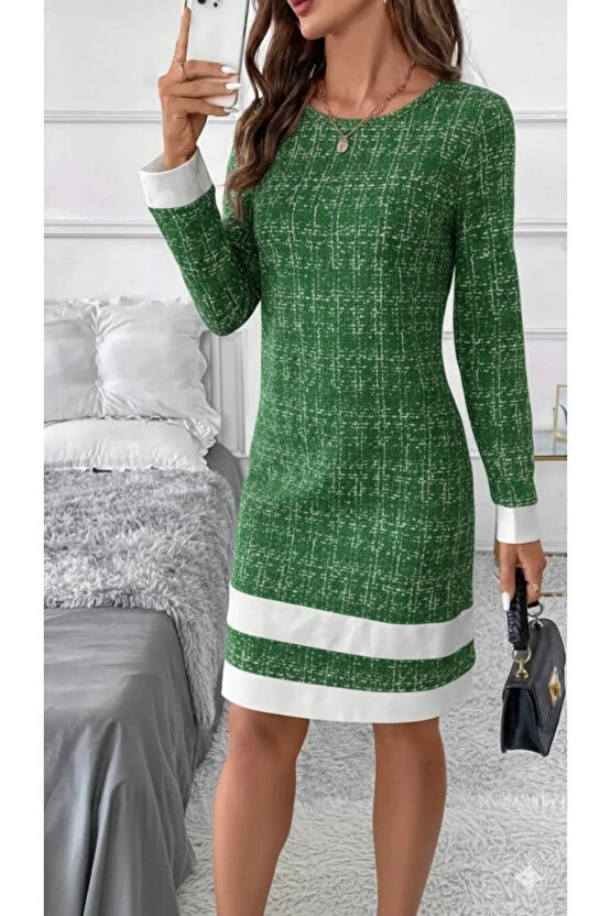 Kadın Uzun Kollu Yuvarlak Yaka Etek Ucu şerit Detaylı Mini Dokuma Elbise