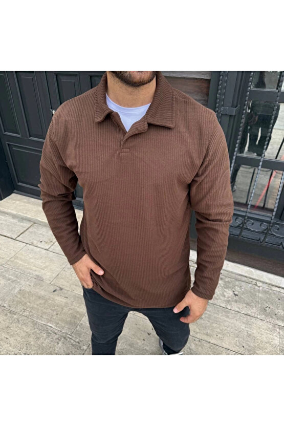 Erkek Fitilli Polar Sweatshirt – Düğmesiz Polo Yaka, Oversize Rahat Kalıp, Kalın Polar Kumaş, Kışlık