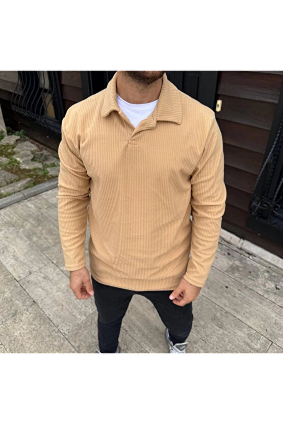 Erkek Fitilli Polar Sweatshirt – Düğmesiz Polo Yaka, Oversize Rahat Kalıp, Kalın Polar Kumaş, Kışlık