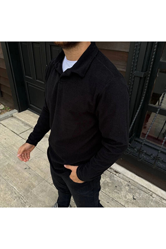 Erkek Fitilli Polar Sweatshirt – Düğmesiz Polo Yaka, Oversize Rahat Kalıp, Kalın Polar Kumaş, Kışlık