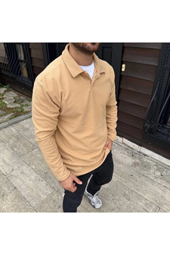 Erkek Fitilli Polar Sweatshirt – Düğmesiz Polo Yaka, Oversize Rahat Kalıp, Kalın Polar Kumaş, Kışlık