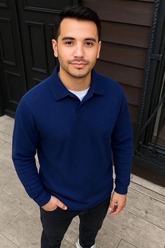 Erkek Fitilli Polar Sweatshirt – Düğmesiz Polo Yaka, Oversize Rahat Kalıp, Kalın Polar Kumaş, Kışlık