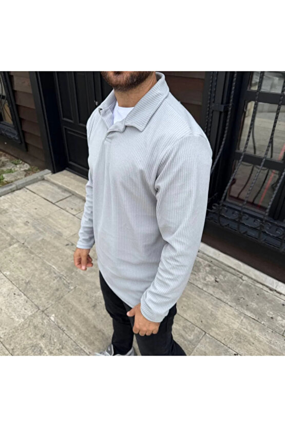 Erkek Fitilli Polar Sweatshirt – Düğmesiz Polo Yaka, Oversize Rahat Kalıp, Kalın Polar Kumaş, Kışlık