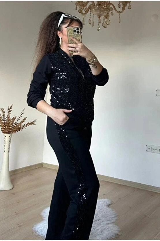 Kadın Uzun Kollu Pul Payet Detay Fermuarlı Hırka Ve Pantolon Ikili Takım