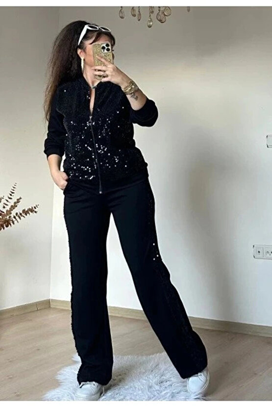 Kadın Uzun Kollu Pul Payet Detay Fermuarlı Hırka Ve Pantolon Ikili Takım