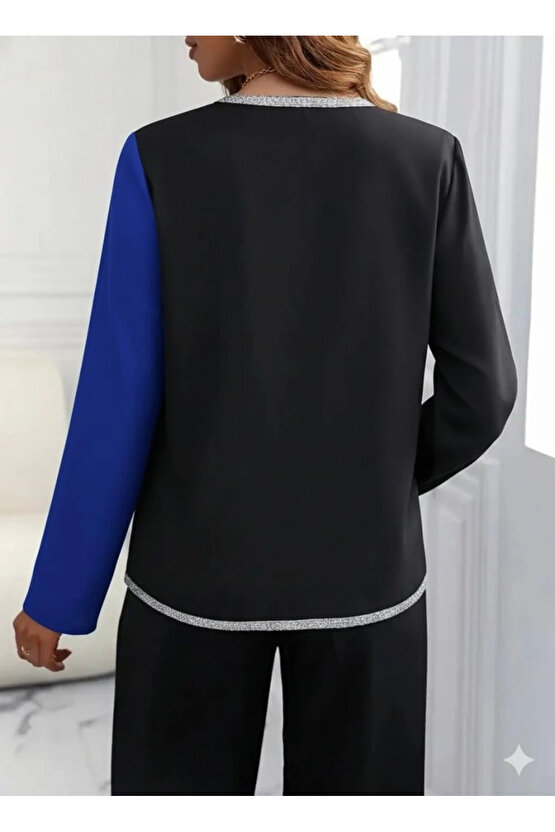 MDB Kadın Uzun Kollu V Yakalı Pul Payet Işlemeli Ithal Krep Bluz