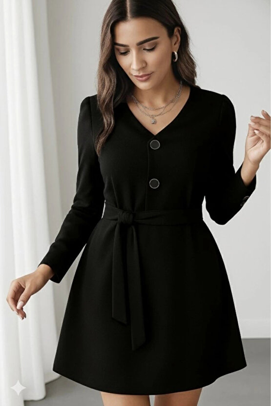 MDB Kadın Uzun Kollu Düğme Detaylı Kendinden Kemerli Ithal Krep Elbise