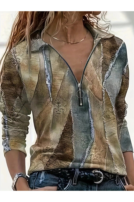 MDB Kadın Uzun Kollu önden Fermuarlı Iki Iplik Bluz