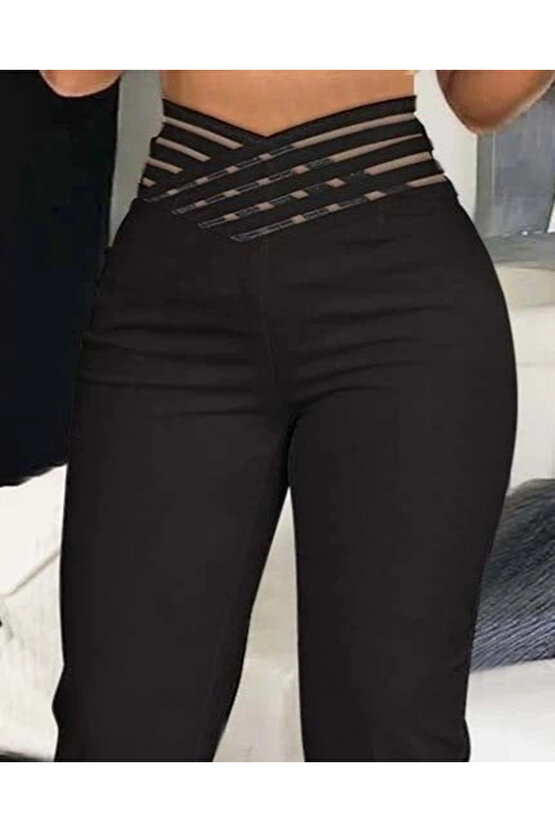 MDB Kadın Yüksek Bel çapraz şerit Detaylı Ithal Krep Pantolon
