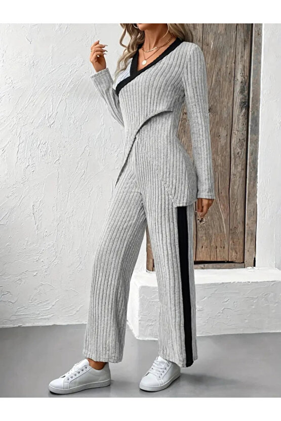 Kadın Uzun Kollu V Yakalı çapraz Detaylı şardonlu Kaşkorse Bluz Ve Pantolon Ikili Takım