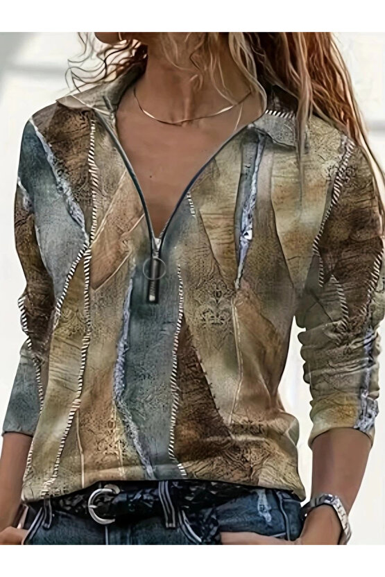 MDB Kadın Uzun Kollu önden Fermuarlı Iki Iplik Bluz