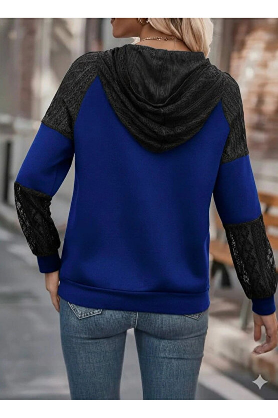 Kadın Uzun Kollu Dantelli Kapşonlu Viskon Iki Iplik Bluz