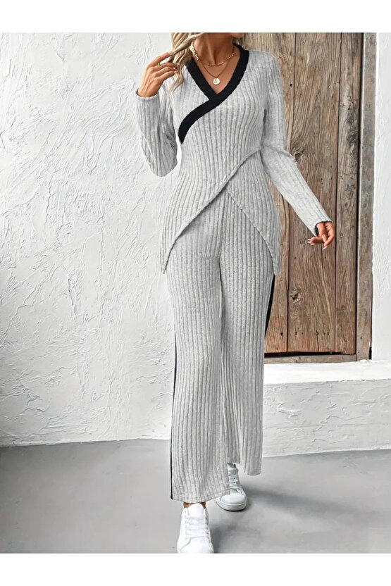 Kadın Uzun Kollu V Yakalı çapraz Detaylı şardonlu Kaşkorse Bluz Ve Pantolon Ikili Takım