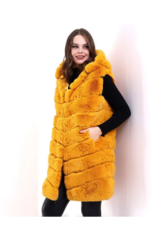 Kadın Kapşonlu Peluş Kürk Yelek Premium Kalite, Tam Astarlı, Uzun Model - Sarı