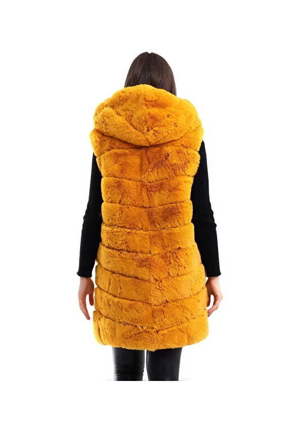 Kadın Kapşonlu Peluş Kürk Yelek Premium Kalite, Tam Astarlı, Uzun Model - Sarı