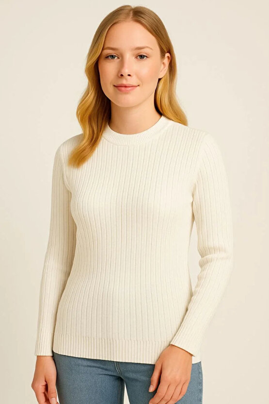 Kadın Bisiklet Yuvarlak Yaka Triko Kazak Pamuklu Kalın Fitilli Dokuma, Regular Fit Uzun Kollu Kışlık