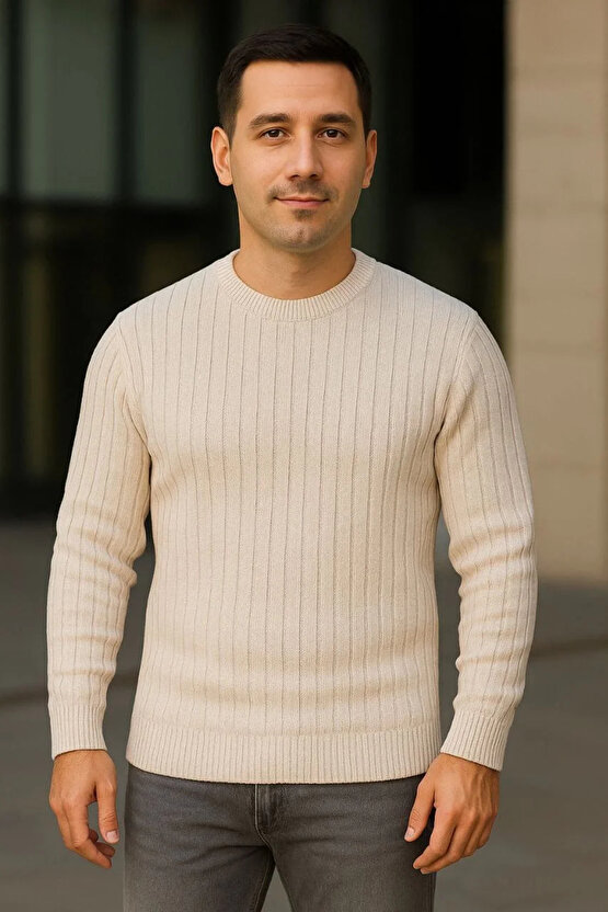 Erkek Bisiklet Yuvarlak Yaka Triko Kazak Pamuklu Kalın Fitilli Dokuma, Regular Fit Uzun Kollu Kışlık