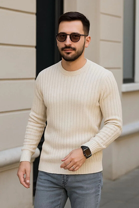 Erkek Bisiklet Yuvarlak Yaka Triko Kazak Pamuklu Kalın Fitilli Dokuma, Regular Fit Uzun Kollu Kışlık