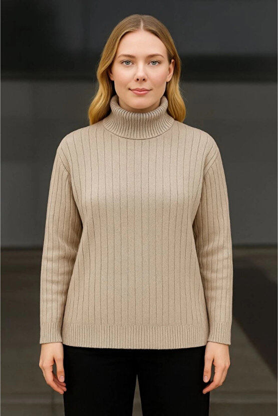 Balıkcı Yaka Bağazlı Triko Kazak Pamuklu Kalın Fitilli Dokuma - Bej