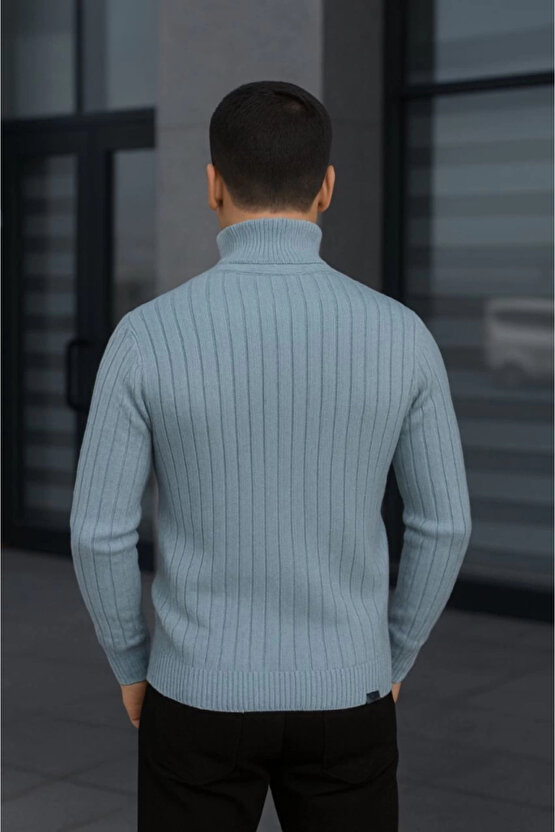 Erkek Balıkcı Yaka Bağazlı Triko Kazak Pamuklu Kalın Fitilli Dokuma, Regular Fit Uzun Kollu Kışlık M