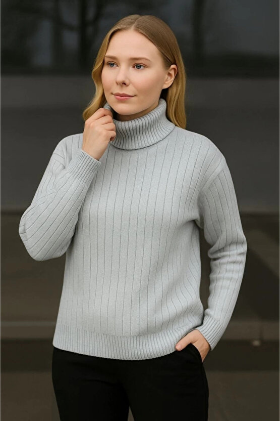 Balıkcı Yaka Bağazlı Triko Kazak Pamuklu Kalın Fitilli Dokuma - Gri