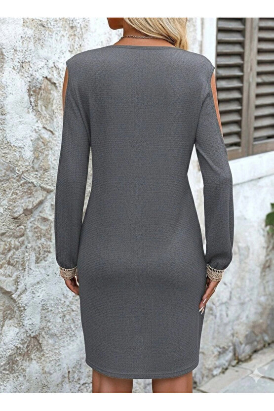 Kadın Uzun Kollu Omuzdan Açık V Dantel Yakalı Mini Waffle Elbise