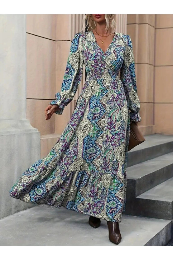 Kadın Uzun Kollu Kruvaze Yakalı Desenli Süprem Maxi Elbise