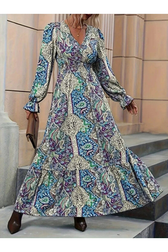 Kadın Uzun Kollu Kruvaze Yakalı Desenli Süprem Maxi Elbise