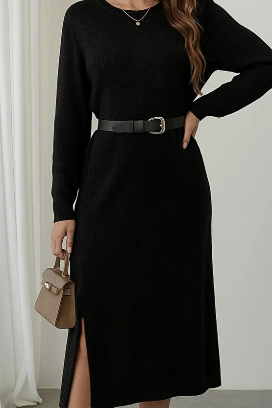 Kadın Uzun Kollu Bisiklet Yaka Yandan Yırtmaçlı Midi Triko Elbise