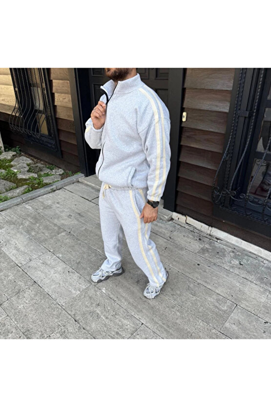 Erkek Çift Şeritli Eşofman Takım Dik Yaka Fermuarlı Sweatshirt Boru Paça Alt, Oversize 3 Iplik Pamuk