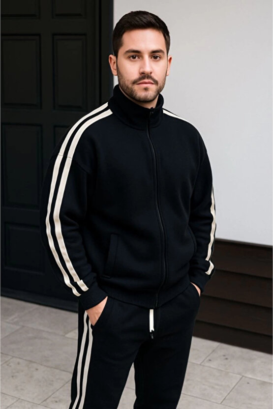 Erkek Çift Şeritli Eşofman Takım Dik Yaka Fermuarlı Sweatshirt Boru Paça Alt, Oversize 3 Iplik Pamuk