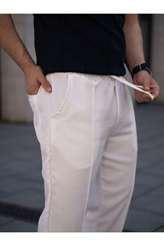 Erkek Keten Cepli Çıma Dikişli jogger Buggy Pantalon Rahat kalıp - Beyaz