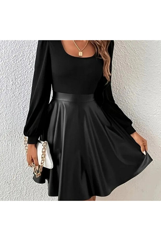 MDB Kadın Uzun Kollu Kare Yaka üst Viskon Alt Deri Mini Elbise