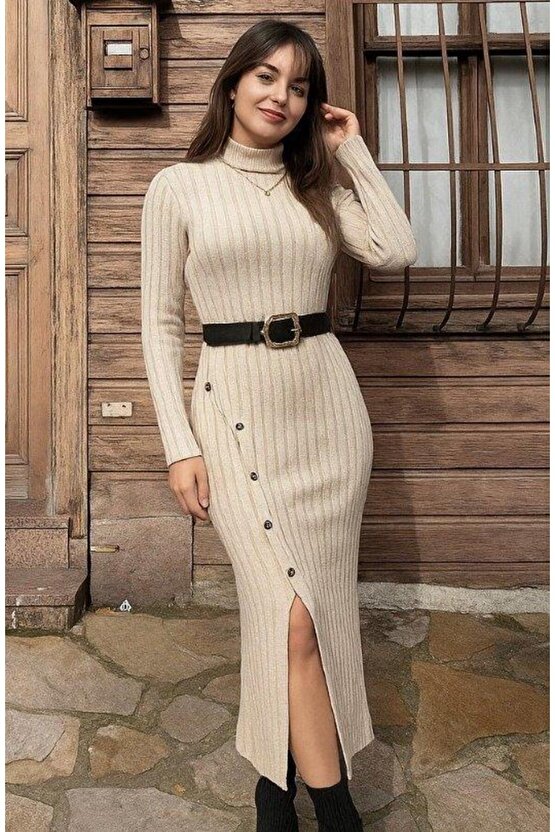 Kadın Uzun Kollu Balıkçı Yaka Yırtmaçlı Düğmeli şardonlu Kaşkorse Elbise