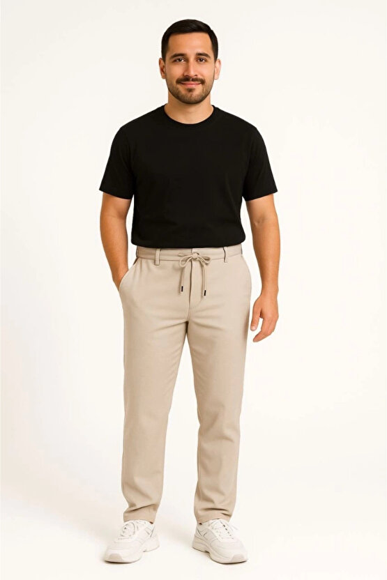 Erkek Diagonel Mikro Dokulu Cepli Pantolon - Bej