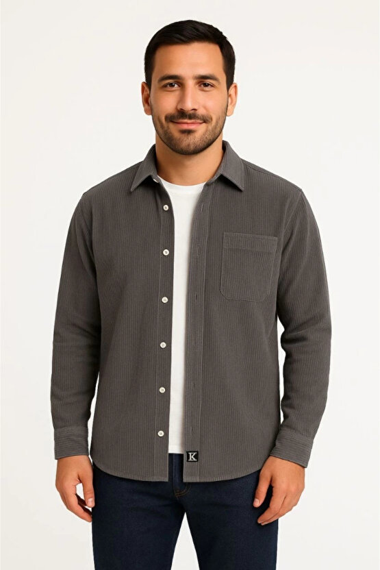 Erkek Fitilli Kadife Cepli Gömlek Oversize Rahat Kalıp - Füme