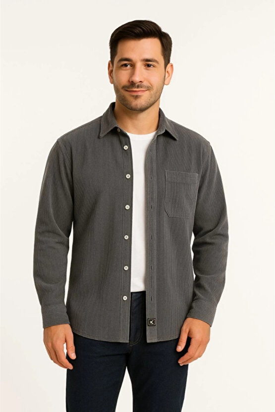 Erkek Fitilli Kadife Cepli Gömlek Oversize Rahat Kalıp - Füme