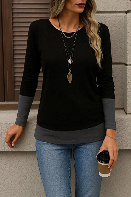 Kadın Uzun Kollu Açık Yuvarlak Yaka Blok Renkli Viskon Bluz