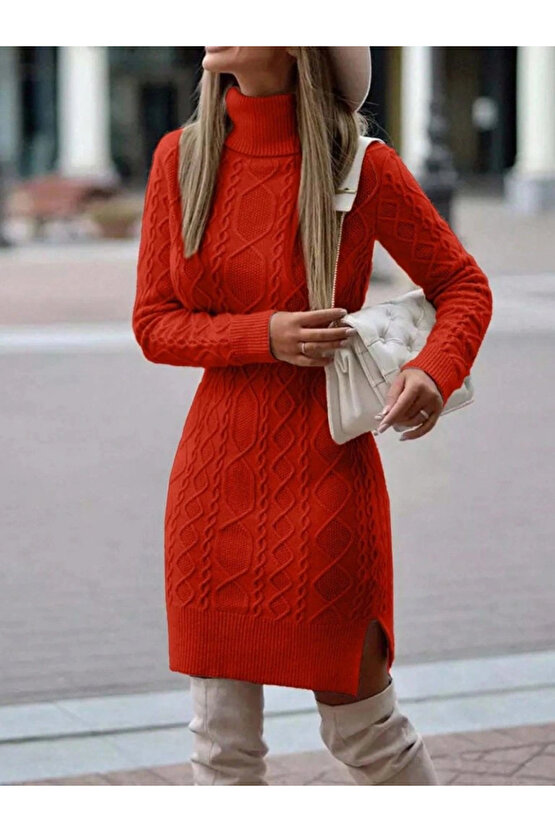 Kadın Uzun Kollu Loren Yünlü Motifli Midi Boy Triko Elbise