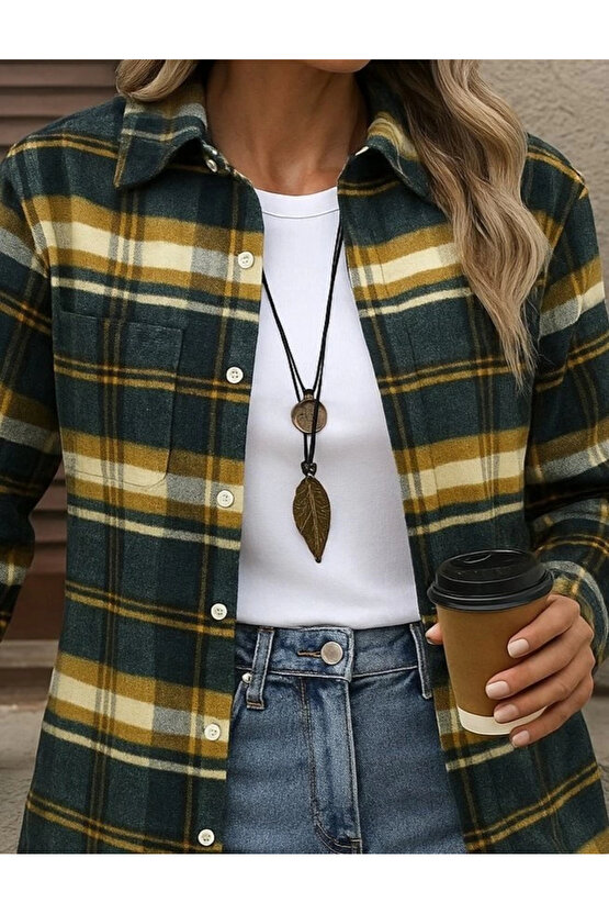 Kadın Uzun Kollu Kare Desenli önden Düğmeli Dokuma Gömlek