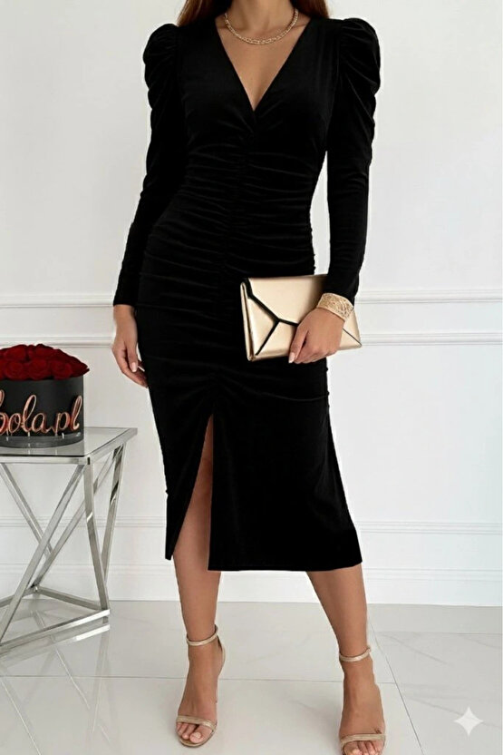 Kadın Uzun Kollu Derin Kruvaze Yakalı önden Büzgülü Yırtmaç Detaylı Kadife Midi Elbise