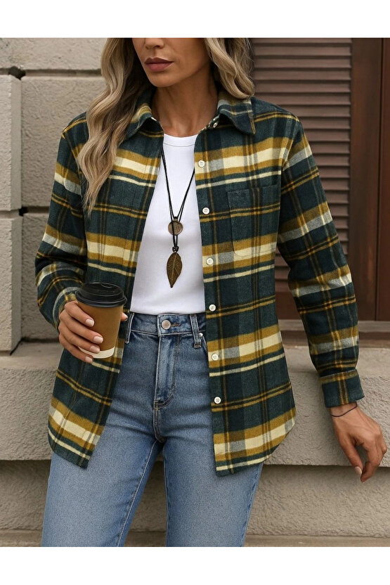 Kadın Uzun Kollu Kare Desenli önden Düğmeli Dokuma Gömlek