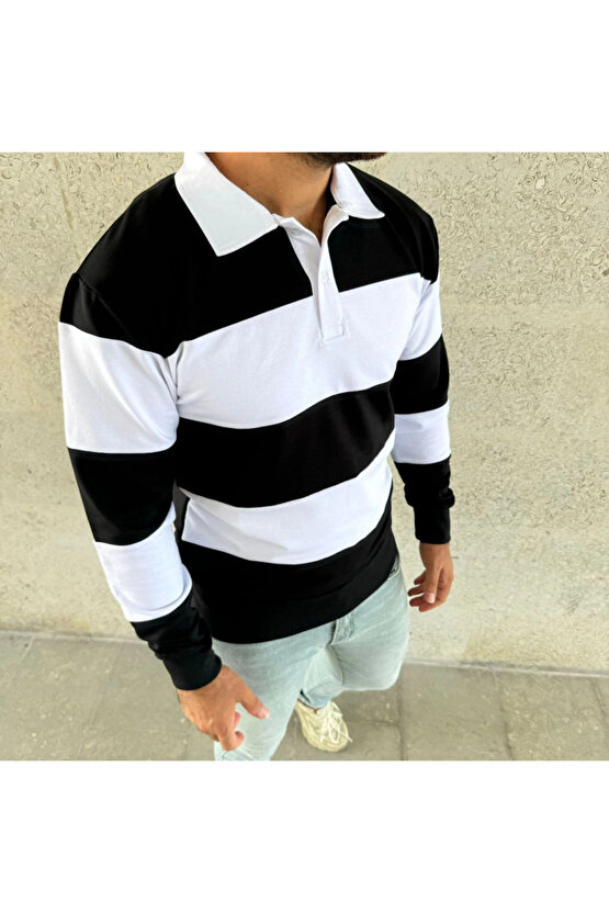 EQURİ Erkek Polo Yaka Uzun Kollu Çizgili Sweatshirt Trend Rugby Stil - Siyah