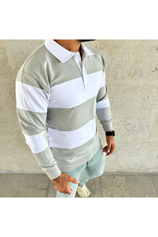 EQURİ Erkek Polo Yaka Uzun Kollu Çizgili Sweatshirt Trend Rugby Stil - Mint Yeşili