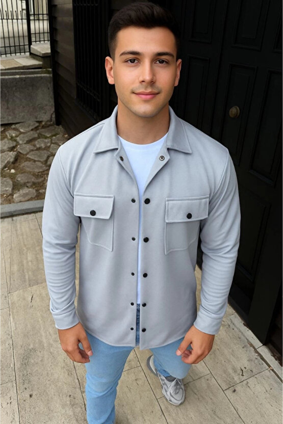 Erkek Diagonal Kumaş Cepli Çıtçıtlı Uzun Kollu, Gömlek Oversize Rahat Kalıp Günlük Şık Stil - Gri